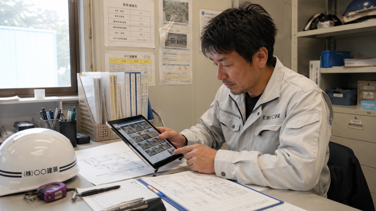 日報・写真整理をタブレットで行う様子